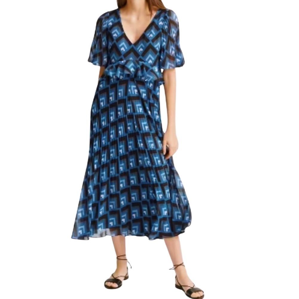 NWOT CLUB MOANCO Women's Gostanzah Pleated Diamond Print Ruffle Midi Dre…